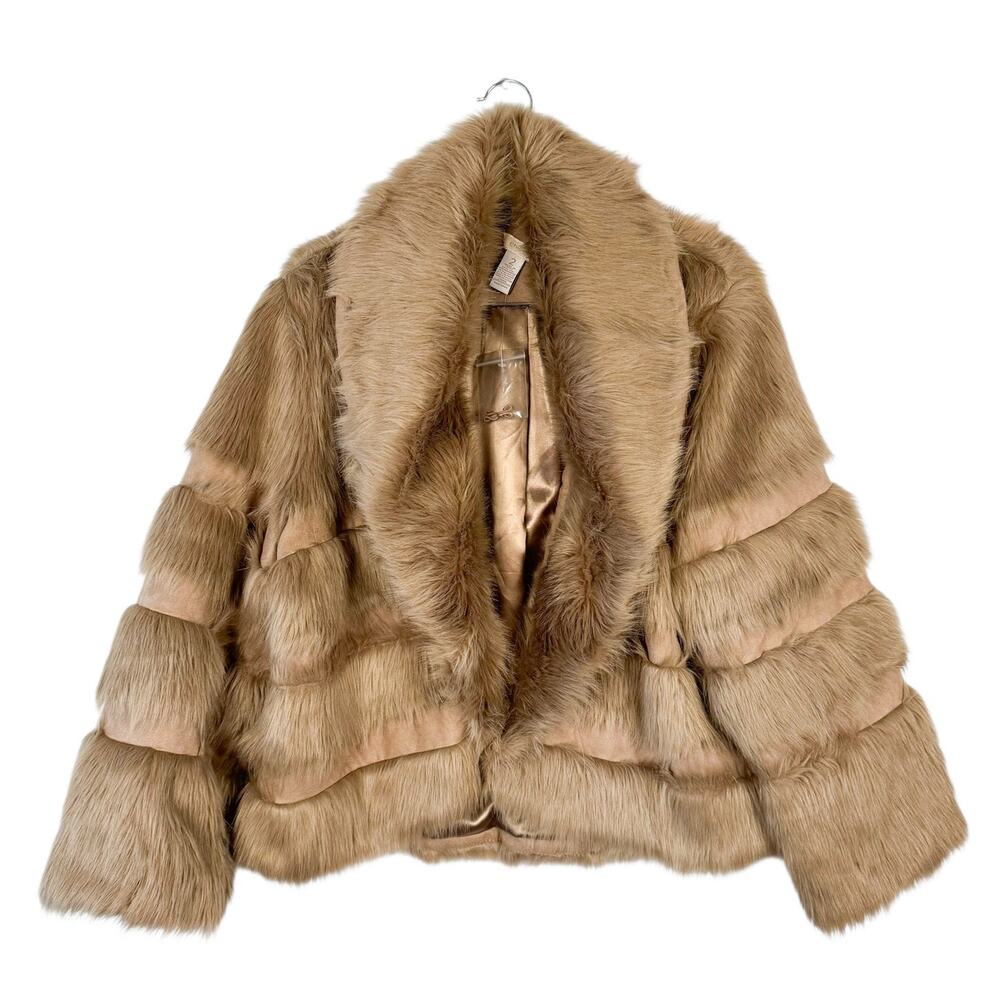 New Chico's Tan Faux Fur Suede 3/4 Sleeve Cropped Coat Sz Large Party Holiday